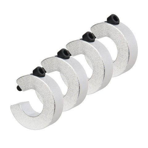 Five silver aluminum clamp-on shaft collars with black M5 set screws for 20mm bore.