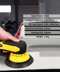 Brushless 350W Random Orbital Sander with 3A Motor in use on car body, featuring specs overlay and visible sanding pad.