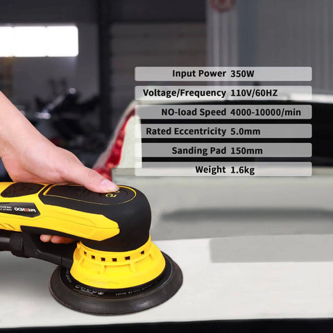 Brushless 350W Random Orbital Sander with 3A Motor in use on car body, featuring specs overlay and visible sanding pad.