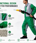 Kick Grit To The Curb With This Badass Green Blast Suit Spray Paint Protective Coveralls Sandblasting Safety Gear Abrasion Resistant Work Overalls Built Like A Tank For Construction worn by a worker with adjustable cuffs and waist.