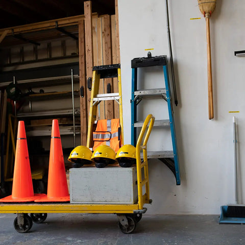 Knockout Performance P Touch Pro Label Maker Equipped With One Touch Keys For Printing Rock Solid Laminated Labels On Electrical Panels Cable Spools Workshop Drawers And Garage Shelves with orange cones, yellow hard hats, and ladders.