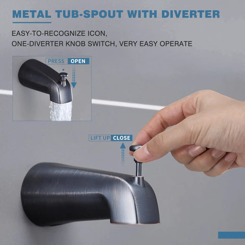 Hand operating metal tub-spout with diverter, visible in Shower Tub Kit With 2 In 1 Handheld And Rain Shower Head System.