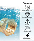 Brass reducer hex bushing, 3/4 in NPT male to 1/2 in NPT female, pipe fitting, close-up view