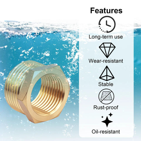 Brass reducer hex bushing, 3/4 in NPT male to 1/2 in NPT female, pipe fitting, close-up view