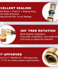 Diagram showing Half Inch Quick Push To Connect Brass Fittings 90 Degree Union Swivel Elbow DOT Approved features and specifications.