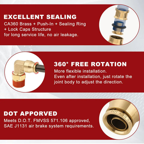 Diagram showing Half Inch Quick Push To Connect Brass Fittings 90 Degree Union Swivel Elbow DOT Approved features and specifications.