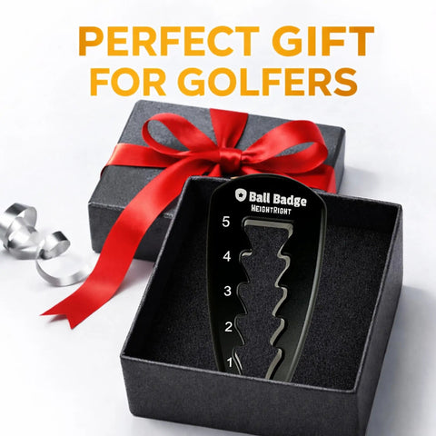 Five Level Adjustable Golf Tee Height Tool For Consistent Tee Heights in gift box with red ribbon