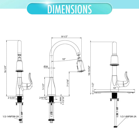 Dimensions diagram of High Arc Pull-Down Kitchen Faucet With Single Lever Handle In Polished Chrome, Easy No-Fuss Operation.