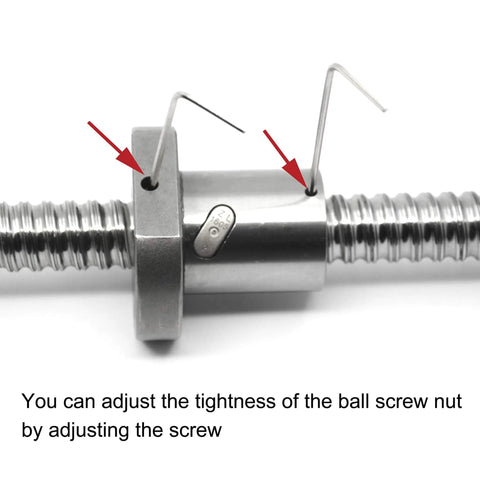 Close-up of Ball Screw SFU1605 16mm Diameter 5mm Pitch 200mm Total Length with Metal Ball Nut and adjustment wrenches