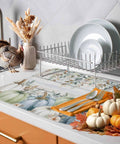 Cozy Fall Thanksgiving Dish Drying Mat For Kitchen Counter 18 By 24 Inches Sage Green Pumpkin Blue Eucalyptus design