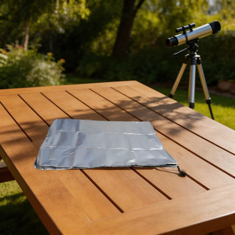 Silver 420D Oxford Telescope Cover For Outdoor Use With Reflective Heat Defense on wooden table next to telescope.
