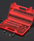 Open red case displaying 214 Piece Screwdriver Bit Set In S2 Steel With Quick Release Extension And Pro Grade Durable Case.