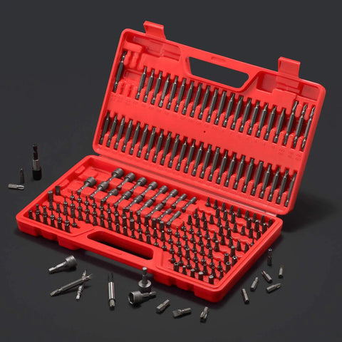 Open red case displaying 214 Piece Screwdriver Bit Set In S2 Steel With Quick Release Extension And Pro Grade Durable Case.