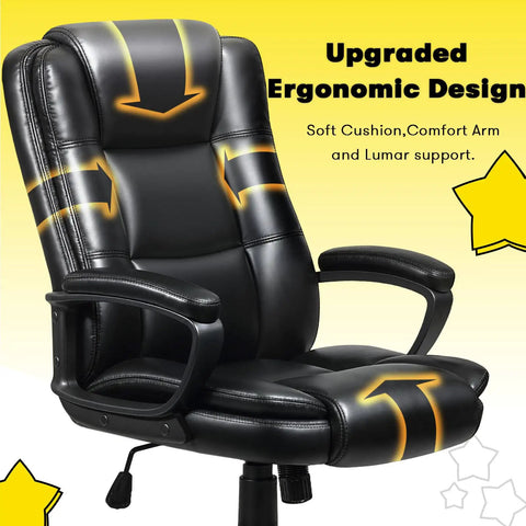 Leather Office Chair With Ergonomic Lumbar Support And Adjustable Armrests Padded Flip Up Arms Black All Day Comfort