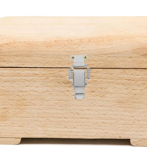 Stainless Steel Spring Hasp Toggle Latch Lock With Dual Spring Design for Wooden Case, showing secure closure on a wooden surface.