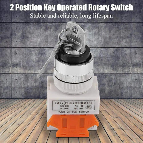 Two Position Key Operated Rotary Switch 22mm Panel Mount 220V 5A NO NC Design With Flame Retardant Housing And Superior Insulation For Industrial Equipment And Safe Reliable Power Control, key switch