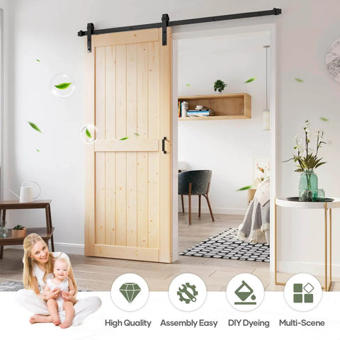 36x84 Inch Sliding Barn Door Slab With 6.6 Foot Hardware Kit Spruce Solid Wood Construction Easy DIY Assembly For Rustic Home And Office Entrances