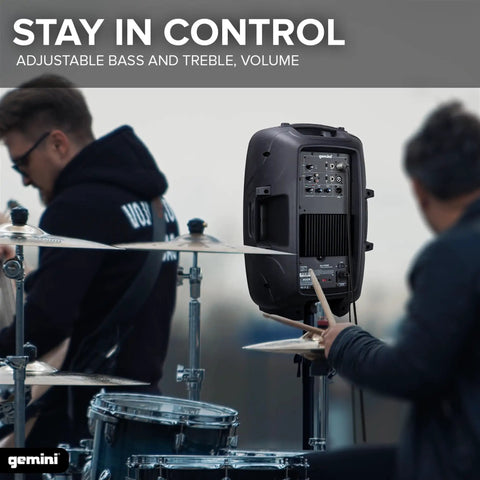 Musician using 8 Inch Powered PA Speaker With 300 Watts, Ultra Portable 11-Lb Floor Monitor for performances on stage