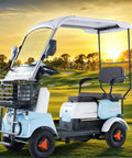 28 Mile Range Electric Golf Cart With 60V Lead Acid Battery And 13 Inch All Terrain Tires Heavy Duty 440 Lb Capacity side view on golf course.