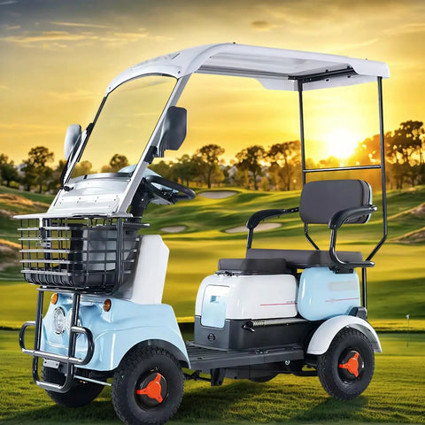 28 Mile Range Electric Golf Cart With 60V Lead Acid Battery And 13 Inch All Terrain Tires Heavy Duty 440 Lb Capacity side view on golf course.