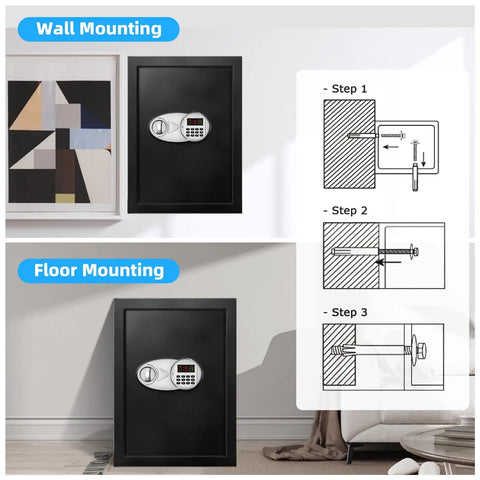 Image showing installation of 3.5 Cu Ft Home Safe With Fireproof And Waterproof Steel Security Box, Electronic Keypad Access, wall and floor mounting.