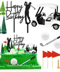 Straight Fire Golf Theme Cake Topper Set For Birthday Parties Featuring Mini Cart Clubs Ball Green Tree And Red Flag Cupcake Toppers To Knock It Out Of The Park At Your Dessert Table Bash, including cake, clubs, flags, and trees.