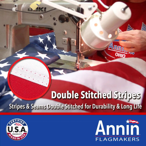 Sewing double-stitched stripes on SolarGuard Nyl Glo American Flag 3 By 5 Feet Nylon Outdoor Flag Made In USA.