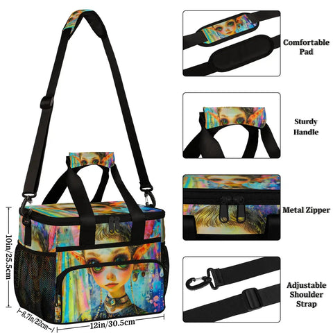 Insulated Picnic Backpack Lunch Box Tote For Women And Men with colorful design, adjustable strap, metal zipper, size 12x8.7x10 inches