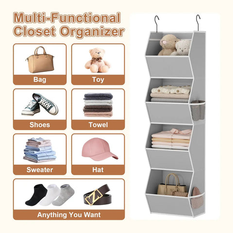 No Stress Hanging Closet Organizer With Four Collapsible Shelves And Hella Roomy Mesh Storage Pockets For Sorting Bedroom Threads And Shoes Neatly In Sleek Grey Finish