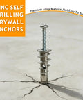 Built Tough Heavy Duty Zinc Alloy Drywall Anchors With Self Drilling Screws, showing a detailed anchor embedded in a cracked surface.