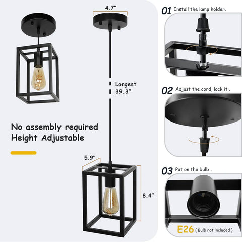 Dope Black Industrial Pendant Light With Adjustable Cord, Farmhouse Style 1 Light Chandelier, 5.9 x 8.5 Inches, E26 Socket