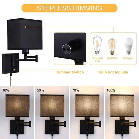 Set Of 2 Plug In Wall Lamps With Swing Arm Sconces, Dimmable Corded Lights, No Hardwire Needed, Black Fabric Shade, shows dimmer options
