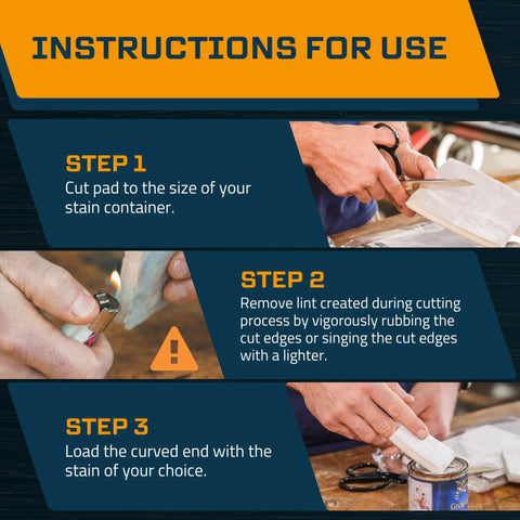 Instructions for use of Total Game Changer Wood Stain Pads showing cutting and preparing the applicators.
