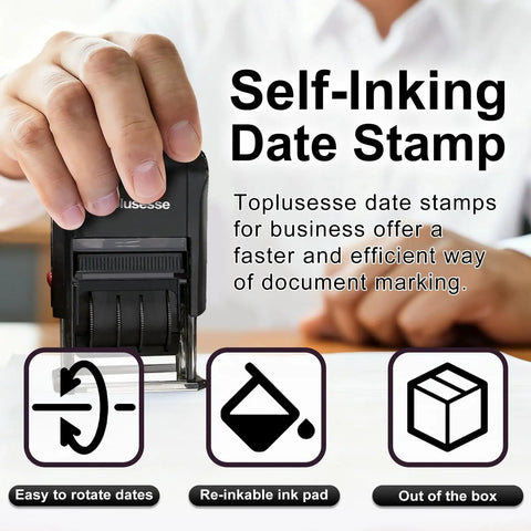 Hand using Self Inking Date Stamp With Signature Personalize Custom Date Stamp For Office Use With One Line Text in black