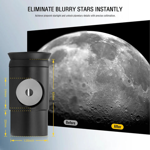 Comparison of lunar image before and after using 1.25 Inch Metal Collimating Cheshire Eyepiece No Laser For Newtonian Reflector Telescopes Short Version Built Solid For Precise Alignment Sharper Images And Crisp Views Under The Night Sky, with eyepiece dimensions.