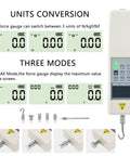 Digital Force Gauge 500N Push Pull Gauge With Test Stand USB Data Output For Accurate Bench Top Testing And Measurements Zero Point Five Percent Accuracy 500N Capacity 180 Millimeter Travel showing unit conversion and peak modes