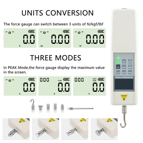 Digital Force Gauge 500N Push Pull Gauge With Test Stand USB Data Output For Accurate Bench Top Testing And Measurements Zero Point Five Percent Accuracy 500N Capacity 180 Millimeter Travel showing unit conversion and peak modes