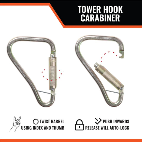 Heavy Duty Steel Locking Carabiner For Fall Protection Systems And Tower Hook Applications, Ready For Construction And Rope Access, 5,000 Lb Tensile Strength, 3,600 Lb Gate Rating, 2.5 Inch Opening, Double Locking Snap Hook, OSHA ANSI Compliant