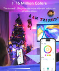 Person using phone app to control Smart WiFi LED Light Bulbs 2 Pack, Dimmable RGBWW 2700K to 6500K, 810 Lumens, in festive room.