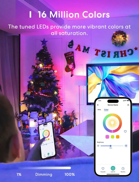 Smart Light Bulb 2 Pack With WiFi LED Bulbs Compatible With Apple HomeKit, Siri, Alexa, displaying multicolor on app screen in living room