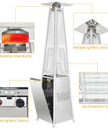 42,000 BTU Pyramid Propane Patio Heater With Dancing Flame, Hammered Stainless Steel Freestanding Deck Heater, Quartz Glass Tube, Electronic Ignition, Outdoor Heating To Keep You Toasty On Cold Nights.