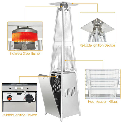 42,000 BTU Pyramid Propane Patio Heater With Dancing Flame, Hammered Stainless Steel Freestanding Deck Heater, Quartz Glass Tube, Electronic Ignition, Outdoor Heating To Keep You Toasty On Cold Nights.