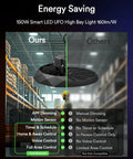 Comparison of Smart Bluetooth UFO LED High Bay Light With Motion Sensor 100W and other lights in warehouse setting.