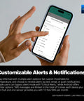 Person using smartphone displaying settings for LoRa Based Smart Wireless Thermometer With No WiFi Needed And Long Range Temperature Monitoring For Freezers Fridges Greenhouses And Pet Cages App Alerts Via Email And Text Battery Lasts Up To Five Years Hub Required