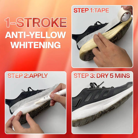 Process of using 2 Pack White Shoe Polish Marker For Midsoles And Stains on sneakers, showing taping, applying, and drying steps.