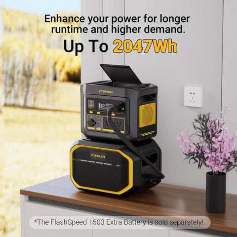 FlashSpeed 600 Portable Power Station 499Wh LiFePO4 Battery with extra battery, shown on countertop next to potted plant.