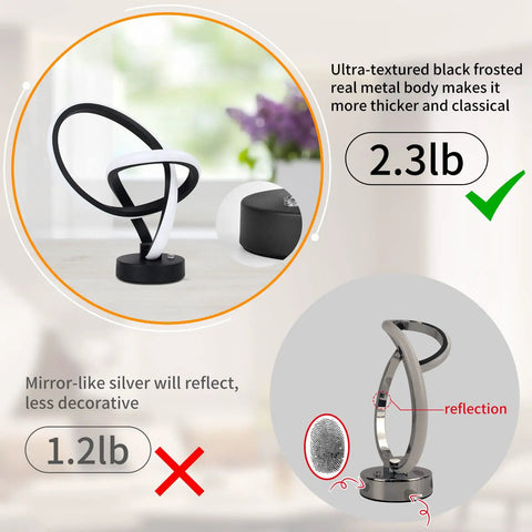 RGB LED Modern Table Lamp With 7 Colors, black frosted metal body, 2.3lb, cool spiral design, on a desk setting