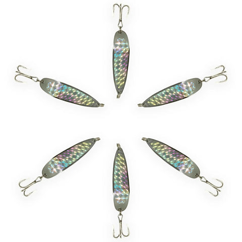 Pro Grade Spoon Fishing Lures Set, 2 Oz Silver Finish, 6 Pack With 3X Strong Mustad Treble Hooks arranged in a star pattern