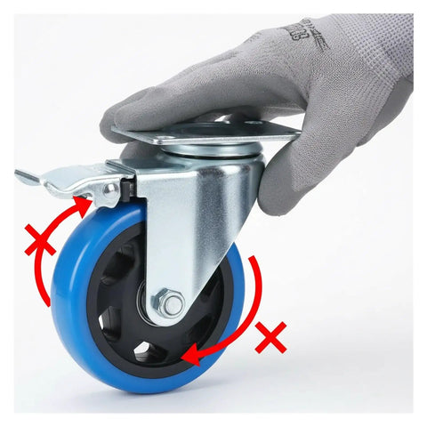 Close-up of four inch heavy duty swivel caster wheels with dead lock brakes and silent non marking polyurethane tires.