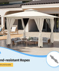 Khaki 10x10 Outdoor Gazebo With Double Roof Setup Friendly, Heavy Duty Party Tent with curtains on a patio.